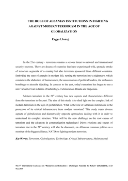 The Role of Albanian Institutions in Fighting Against Modern Terrorism in the Age of Globalization