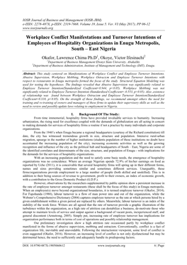 Workplace Conflict Manifestations and Turnover Intentions of Employees of Hospitality Organizations in Enugu Metropolis, South – East Nigeria