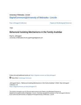 Behavioral Isolating Mechanisms in the Family Anatidae