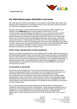 Pressemeldung Die AIDA Winterrouten 2021/2022 in Die Sonne