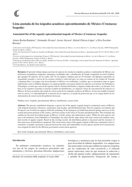 Lista Anotada De Los Isópodos Acuáticos Epicontinentales De México (Crustacea: Isopoda)