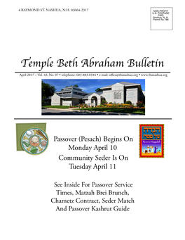 Passover (Pesach) Begins on Monday April 10 Community Seder Is on Tuesday April 11