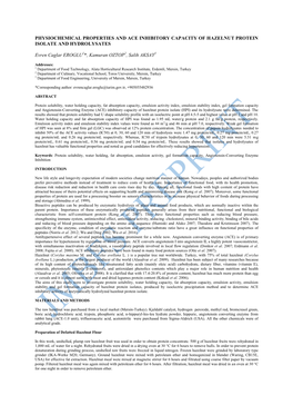 Physiochemical Properties and Ace Inhibitory Capacity of Hazelnut Protein Isolate and Hydrolysates