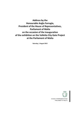 Address by the Honourable Anġlu Farrugia, President of the House of Representatives, Parliament of Malta on the Occasion of T