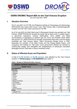 DSWD DROMIC Report #20 on the Taal Volcano Eruption As of 24 July 2021, 6PM