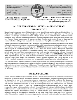 2021 NORTON SOUND SALMON MANAGEMENT PLAN INTRODUCTION Norton Sound Is Comprised of Two Fishing Districts, Norton Sound District and Port Clarence District (Figure 1)