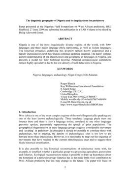 1 the Linguistic Geography of Nigeria and Its Implications for Prehistory