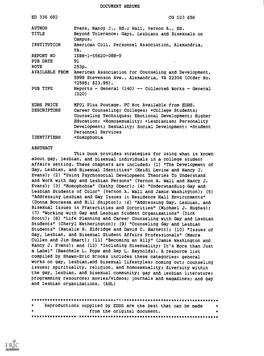 Beyond Tolerance: Gays, Lesbians, and Bisexuals on Campus. Hi.S Words Set the Tone for This Book and Give Urgency to the Material That Follows