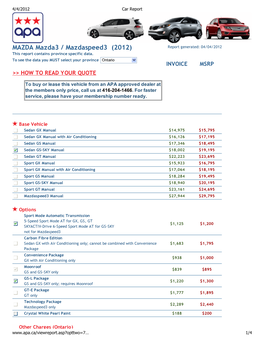 MAZDA Mazda3 / Mazdaspeed3 (2012) Report Generated: 04/04/2012 This Report Contains Province Specific Data