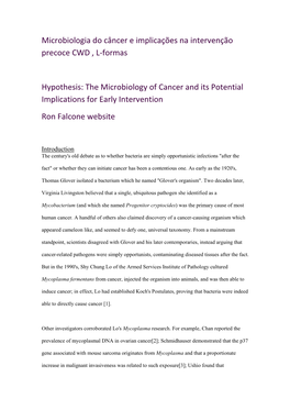 The Microbiology of Cancer and Its Potential Implications for Early Intervention Ron Falcone Website