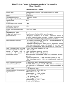 List of Projects Planned for Implementation in the Territory of the Udmurt Republic