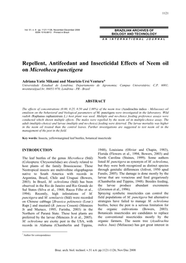 Repellent, Antifeedant and Insecticidal Effects of Neem Oil on Microtheca Punctigera