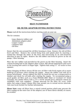 Riley Pathfinder Oil Filter Adaptor Fitting Instructions