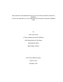 The Content and Significance of Fleta in the Context of Royal Justice: a Textual History of Late Thirteenth-Century English Common Law