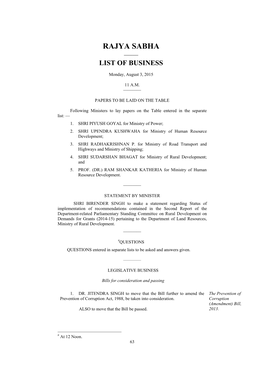 Rajya Sabha —— List of Business