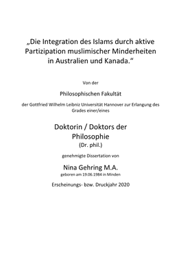 „Die Integration Des Islams Durch Aktive Partizipation Muslimischer Minderheiten in Australien Und Kanada.“