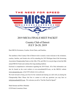 2019 MICSA FINALS MEET PACKET Country Club of Detroit JULY 26-28