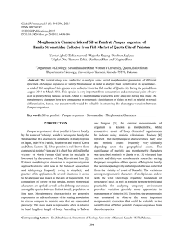 Morphometric Characteristics of Silver Pomfret, Pampus Argenteus of Family Stromateidae Collected from Fish Market of Quetta City of Pakistan