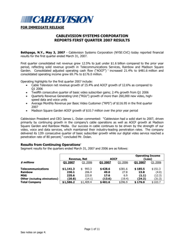 Cablevision Systems Corporation Reports First Quarter 2007 Results