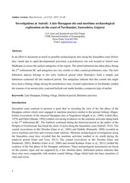 Investigations at Antroli: a Late Harappan Site and Maritime Archaeological Exploration on the Coast of Navibandar, Saurashtra, Gujarat