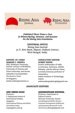 EDITORIAL OFFICE Rising Asia Journal 32 T, New Road, Alipore, Kolkata 700027, West Bengal, India