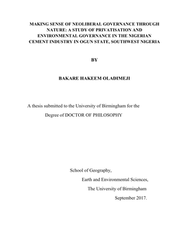 A Study of Privatisation and Environmental Governance in the Nigerian Cement Industry in Ogun State, Southwest Nigeria