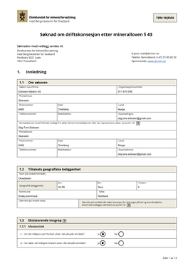 Søknad Om Driftskonsesjon Etter Mineralloven § 43