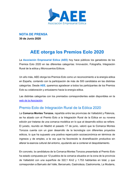 AEE Otorga Los Premios Eolo 2020