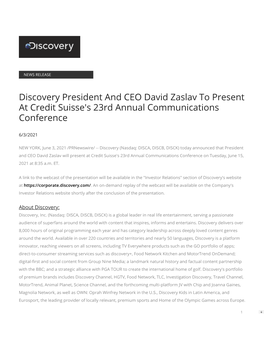 Discovery President and CEO David Zaslav to Present at Credit Suisse's 23Rd Annual Communications Conference