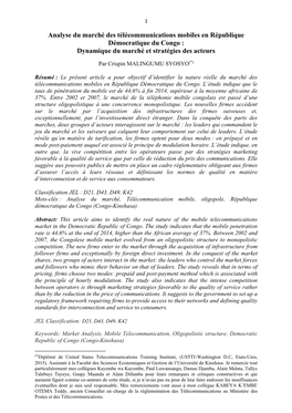 Analyse Du Marché Des Télécommunications Mobiles En République Démocratique Du Congo : Dynamique Du Marché Et Stratégies Des Acteurs