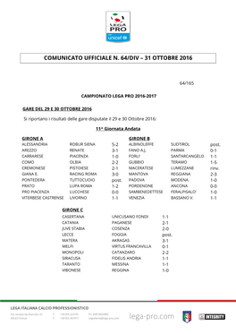 Comunicato Ufficiale N. 64/Div – 31 Ottobre 2016