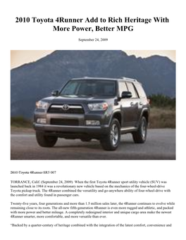 2010 Toyota 4Runner Add to Rich Heritage with More Power, Better MPG