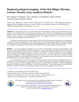 Regional Geological Mapping of the Oak Ridges Moraine, Greater Toronto Area, Southern Ontario1