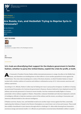 Are Russia, Iran, and Hezbollah Trying to Reprise Syria in Venezuela? by Jay Solomon