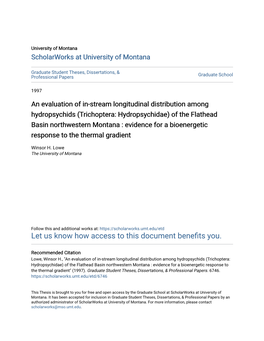 Trichoptera: Hydropsychidae) of the Flathead Basin Northwestern Montana : Evidence for a Bioenergetic Response to the Thermal Gradient