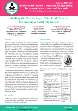 Hussain Sagar’ with Fresh Water – Engineering & Social Implications