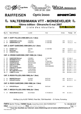 VALTERBIMANIA VTT - MONSEVELIER 10Ème Édition - Dimanche 6 Mai 2007 L I S T E D E S R É S U L T a T S