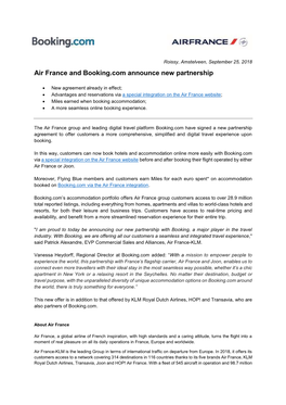 Air France and Booking.Com Announce New Partnership