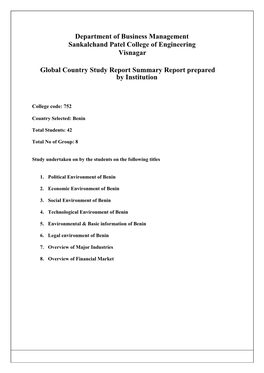 Department of Business Management Sankalchand Patel College of Engineering Visnagar Global Country Study Report Summary Report P