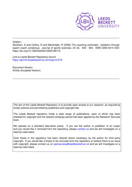 The Coaching Schematic: Validation Through Expert Coach Consensus. Journal of Sports Sciences, 24 (6)