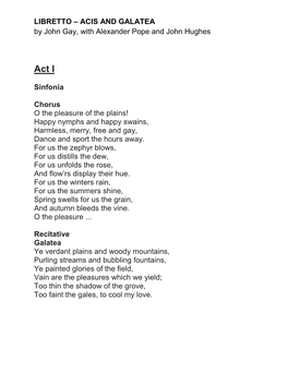 LIBRETTO – ACIS and GALATEA by John Gay, with Alexander Pope and John Hughes