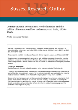 Friedrich Berber and the Politics of International Law in Germany and India, 1920S­ 1960S