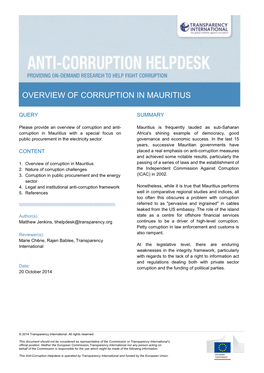 Overview of Corruption in Mauritius