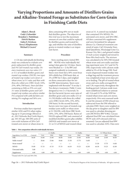 Varying Proportions and Amounts of Distillers Grains and Alkaline-Treated Forage As Substitutes for Corn Grain in Finishing Cattle Diets