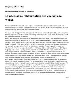 La Nécessaire Réhabilitation Des Chemins De Wilaya