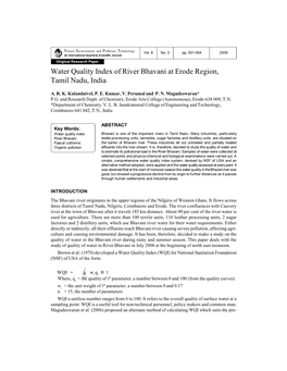 Water Quality Index of River Bhavani at Erode Region, Tamil Nadu, India