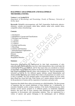 Halophily(Halophilism and Halophilic Microorganisms)