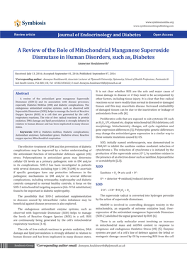 A Review of the Role of Mitochondrial Manganese Superoxide Dismutase in Human Disorders, Such As, Diabetes Annwyne Houldsworth*