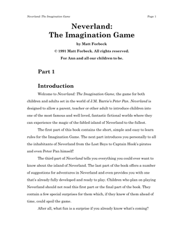 Neverland: the Imagination Game Page 1 Neverland: the Imagination Game by Matt Forbeck © 1991 Matt Forbeck