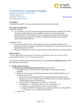 Lomitapide (Juxtapid) Reference Number: PA.CP.PHAR.283 Effective Date: 01/18 Last Review Date: 10/17 Revision Log Line of Business: Medicaid